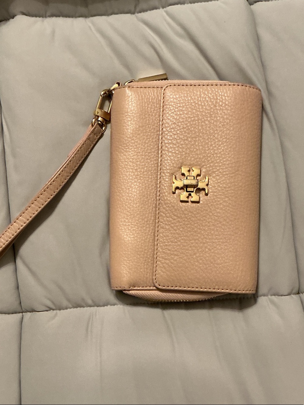 Tory Burch Pink Pebbled Leather Wristlet with Gold Logo